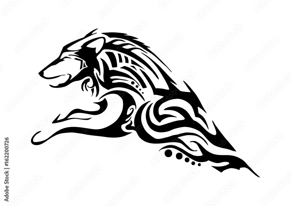Naklejka premium half body of aggressive wolf jumping tribal tattoo Silhouette isolated 
