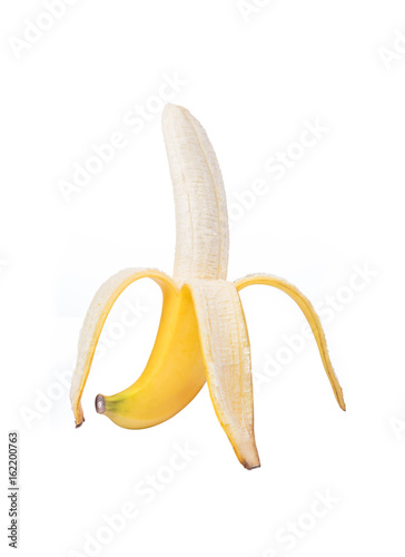 half peeled banana on white background
