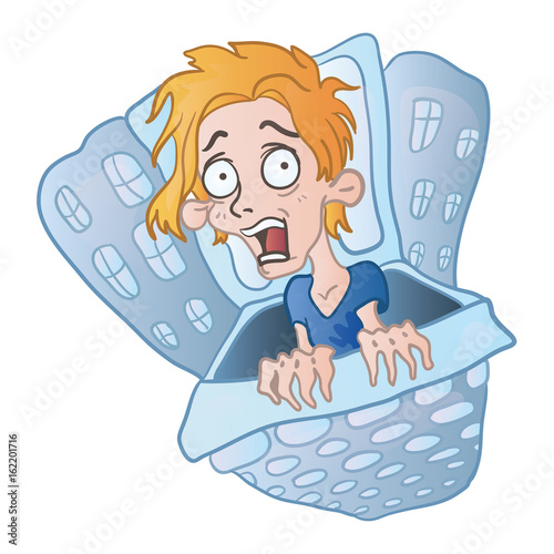 Acrophobia, extreme or irrational fear or phobia of heights. Frightened young man on the balcony of a skyscraper. Vector illustration, isolated on white background.