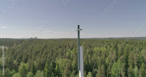 Midday aerial view of Christian cross in Lahti, Finland, point of intrest