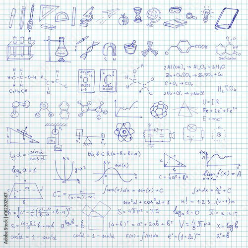 Set of vector hand drawn school symbols, graphics and formulas on linned paper background.