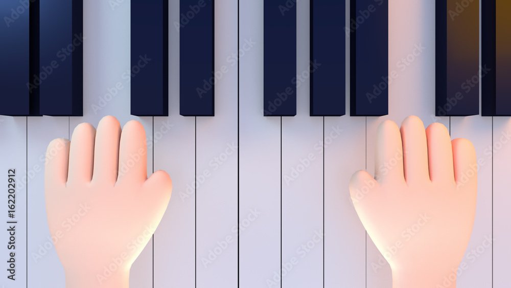 Carton child's hands playing piano. View from above. 3d render picture.  Illustration Stock | Adobe Stock