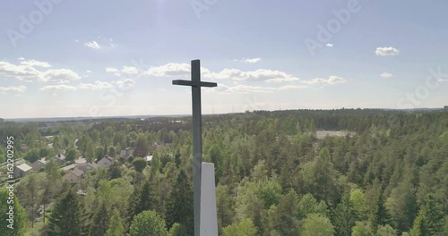 Midday aerial view of Christian cross in Lahti, Finland, point of intrest