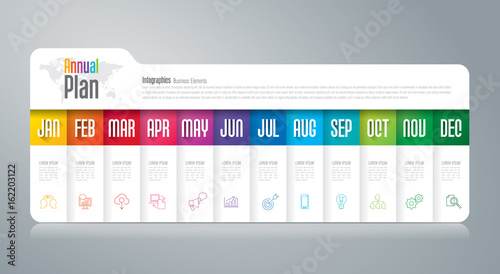 Annual plan January - December infographics design.