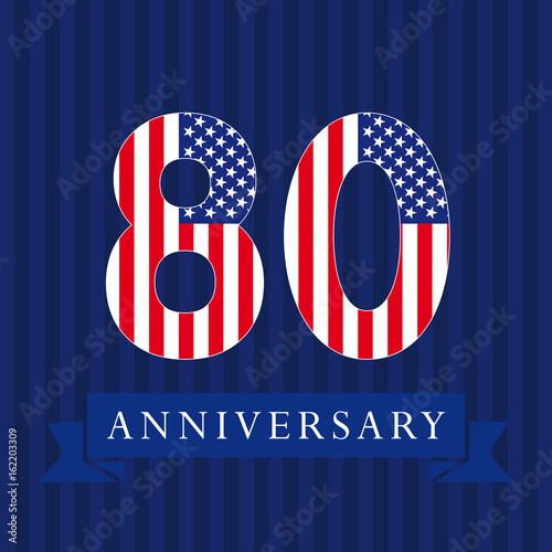 Anniversary 80 US logotype. Template of celebrating congratulating 80 th. Isolated numbers in traditional style on striped abstract blue background. United States patriot greetings or sticker, eight.