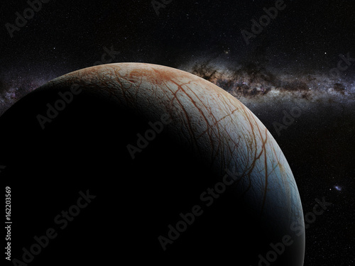 Fototapeta Naklejka Na Ścianę i Meble -  Europa, moon of the planet Jupiter in front of the Milky Way galaxy 