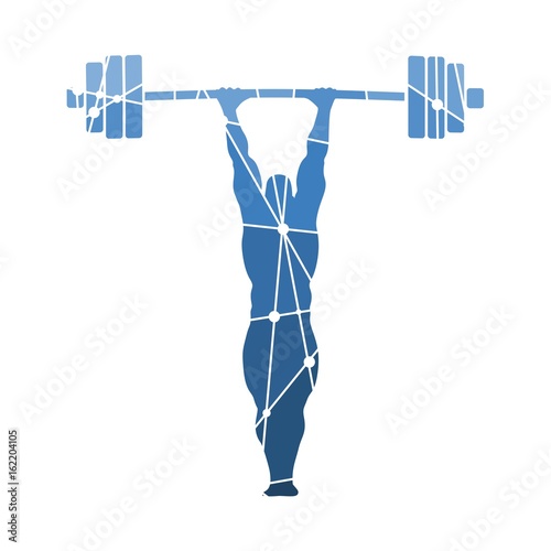 Bodybuilder and barbell silhouettes. Icon of the posing athlete. Molecule and communication style icon. Connected lines with dots.