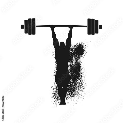 Silhouette of bodybuilder and barbell from particles. Icon of the posing athlete.