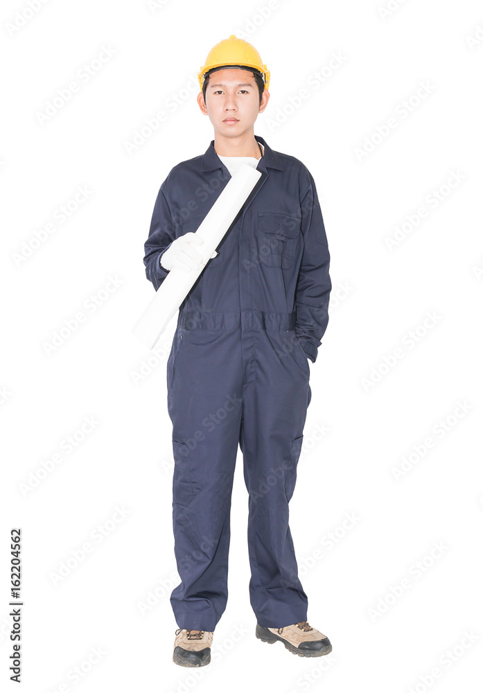 Worker holding blueprint on white Worker holding blueprint on white