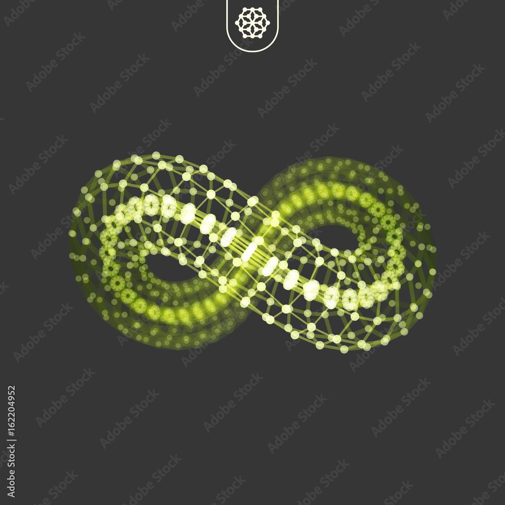 Infinity symbol. 3D design element, emblem, icon. Connection structure. Geometric shape for design. Lattice geometric element. Molecular grid.
