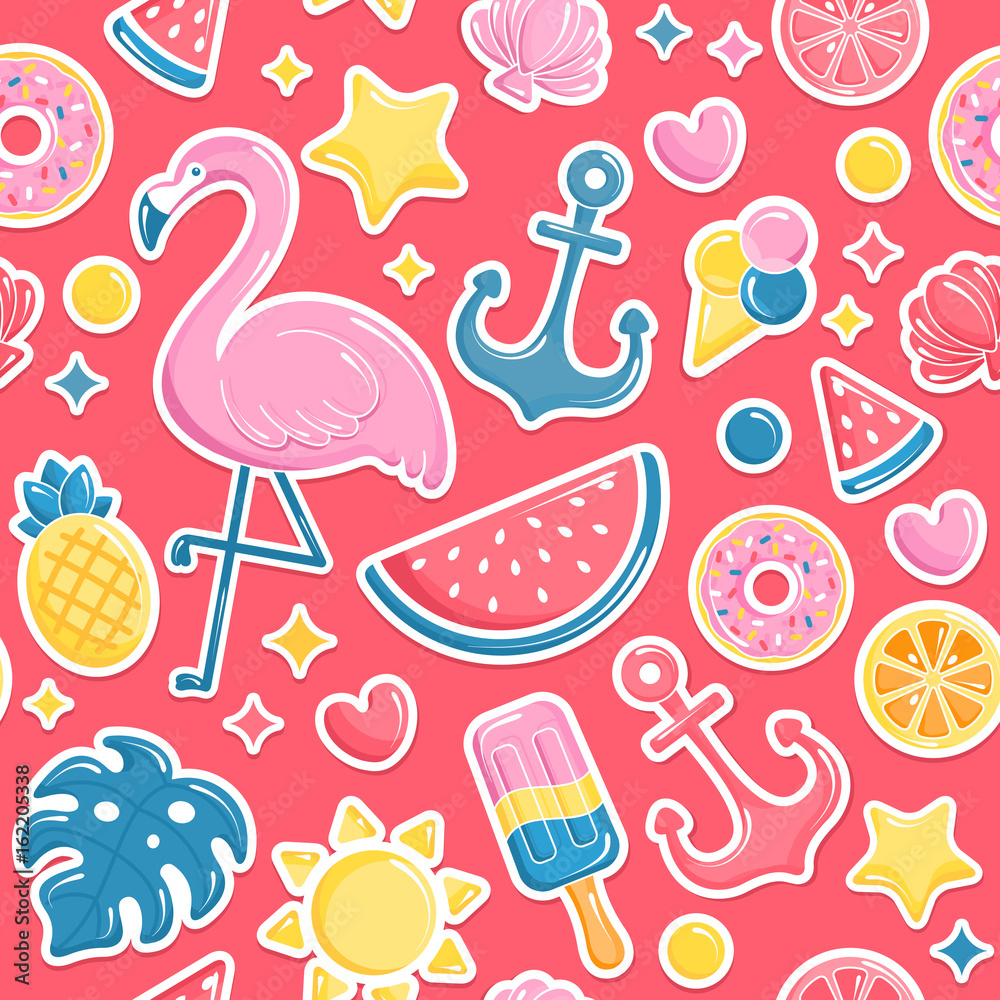 Naklejka premium Summer beach elements seamless pattern. Flamingo, ice cream, watermelon, sun, monstera, pineapple. Vector illustration