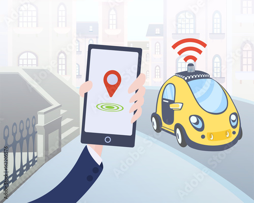 Mobile application for ordering driverless taxi. Smartphone in human hand and car on city street background. Vector illustration.