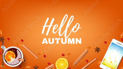 Orange beautiful web banner hello autumn. Top view on composition with cinnamon sticks, cup of mulled wine, rowan on orange background. Vector illustration.
