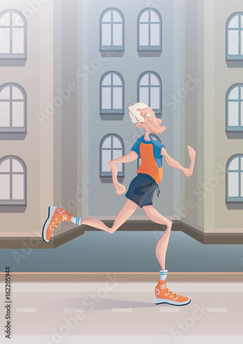 An elderly gray-haired man practice Jogging on city street. Active lifestyle and sport activities in old age. Vector illustration.