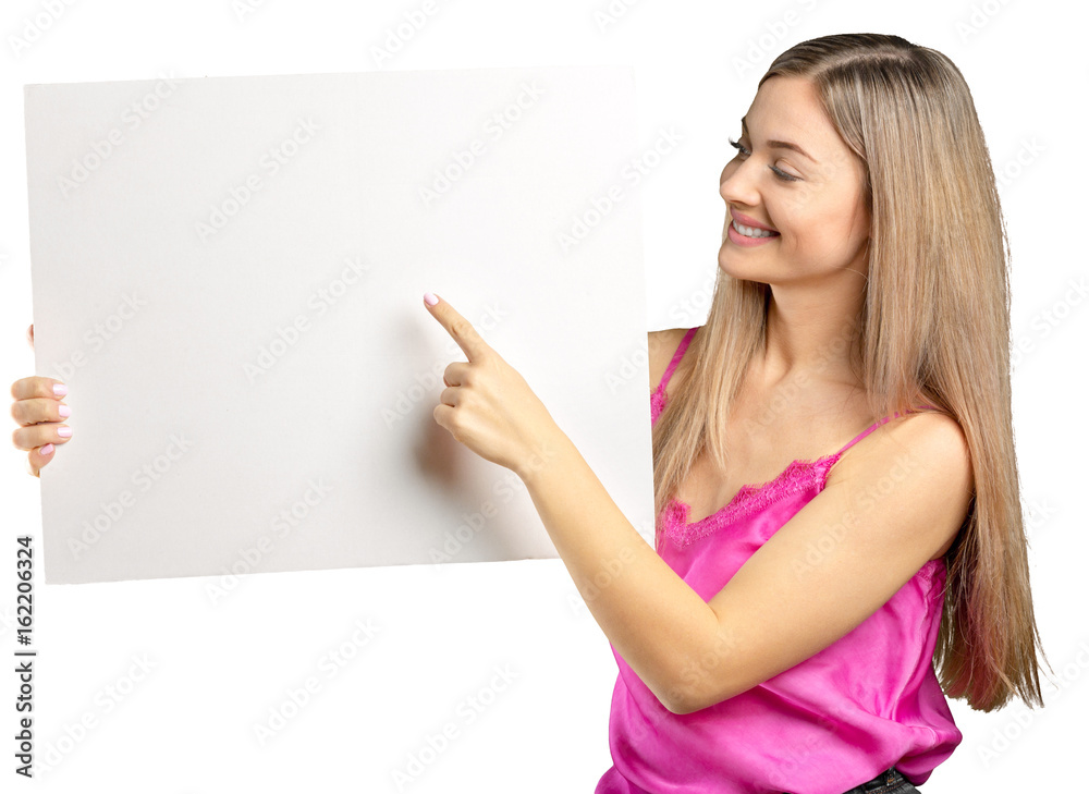 woman showing blank signboard, isolated on white woman showing blank signboard, isolated on white