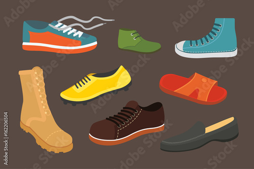 Male man season shoes in flat style. Men boots isolated set vector illustration