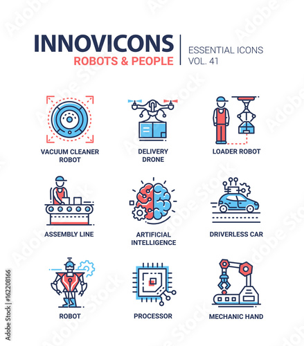 Robots and People - modern vector line design icons set