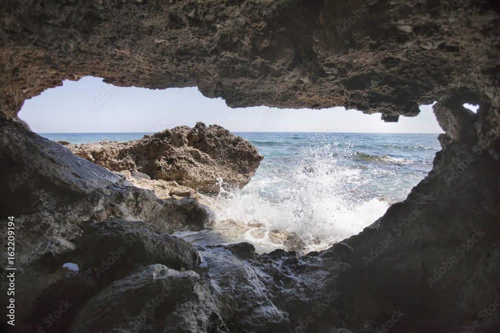 Mediterranean sea landscape. Sea cave. Paphos, Cyprus.