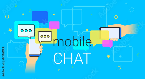 Mobile chat and messenger on smartphone creative concept illustration. Human hands hold smart phone with line speech bubbles and text. Texting messages each other via internet and modern lifestyle.