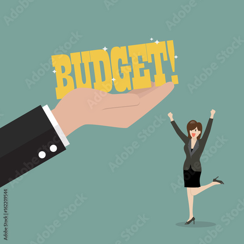 Big hand give a budget to business woman