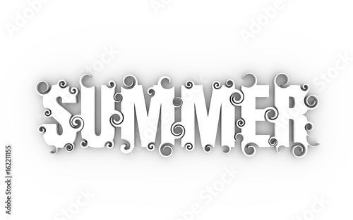 Lettering illustration with word summer. Typography poster with abstract ornament of curls. 3D rendering