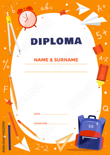 Diploma template for school or elementary school kids. Colorful school objects: backpack, dividers, mark, alarm clock, pencil. Vector illustration.