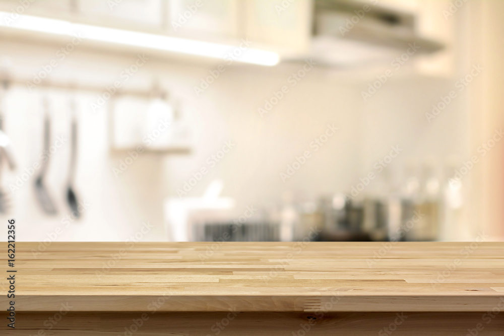 table top (as kitchen island) blur kitchen background Stock Photo | Adobe Stock