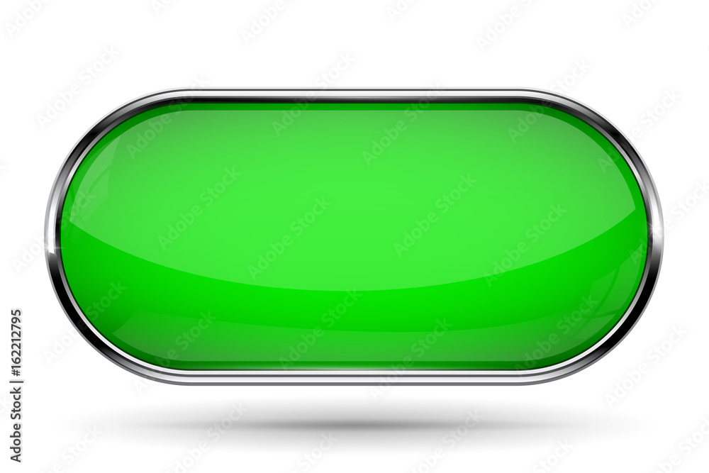 Green glass button with metal frame. Oval web icon Green glass button with metal frame. Oval web icon