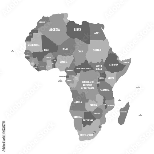 Political map of Africa in four shades of grey with white country name labels on white background. Vector illustration.