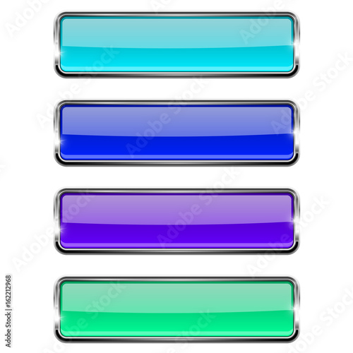Set of blue rectangle glass buttons with metal frame