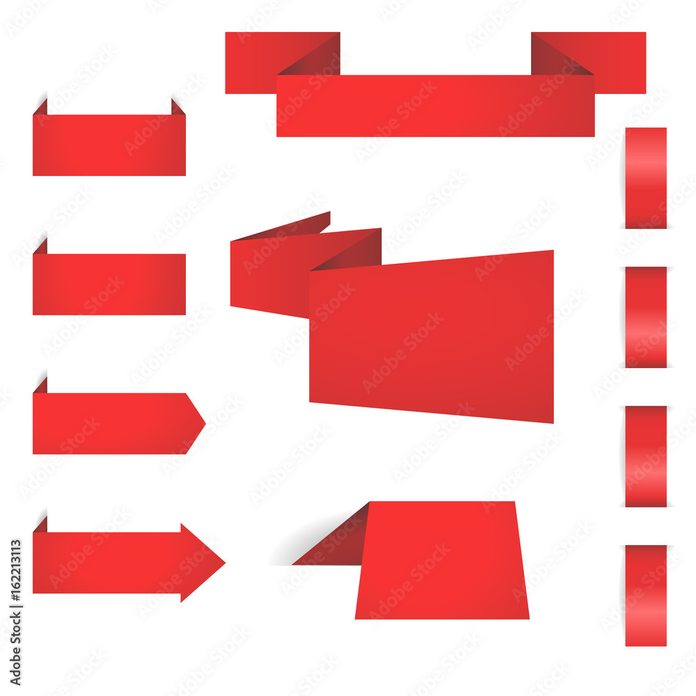 Red origami paper figures - arrows, folded elements, stitching