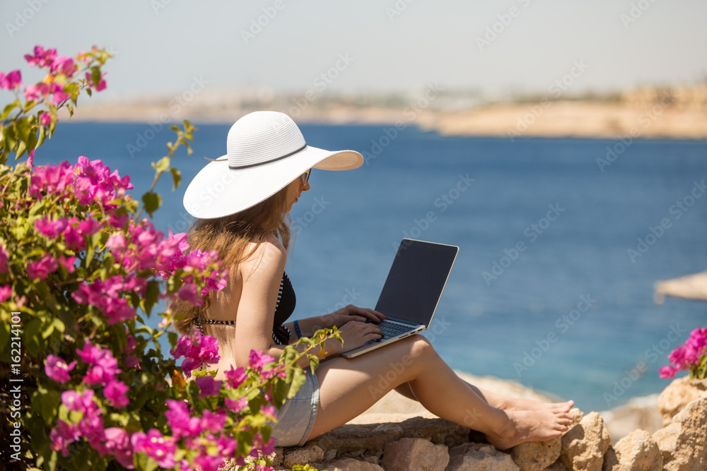 Work At Beach. Successful Business Woman Working Online In Inter