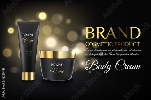 Beautiful golden and black cosmetic templates for ads, realistic matte black and gold bank and tube on a bokeh background ready for design and print
