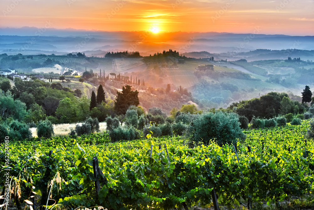 Landscape view of Tuscany, Italy during sunrise