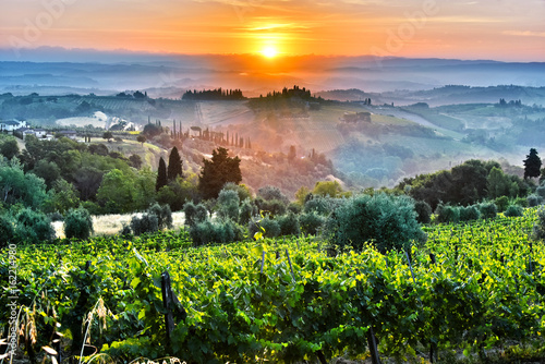 Landscape view of Tuscany, Italy during sunrise
