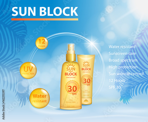 Sunscreen ads template, sun protection, sunblock and sunbath cosmetic products design face lotion and tanning body oil on palm sunny beach summer background. SPF and UV protect. vector illustration