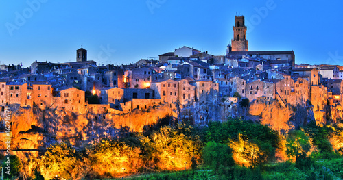 City of Pitigliano in Tuscany, Italy after sunset