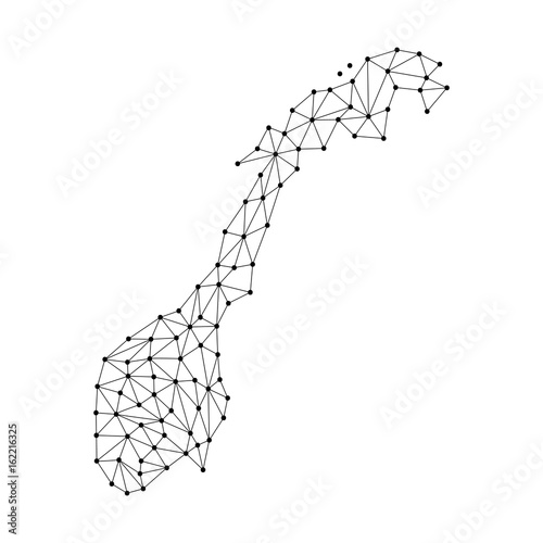 Norway map of polygonal mosaic lines network, rays and dots vector illustration.