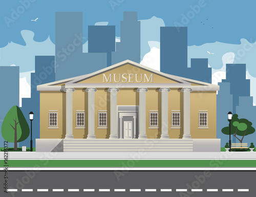 Color illustration depicting museum building with title and columns