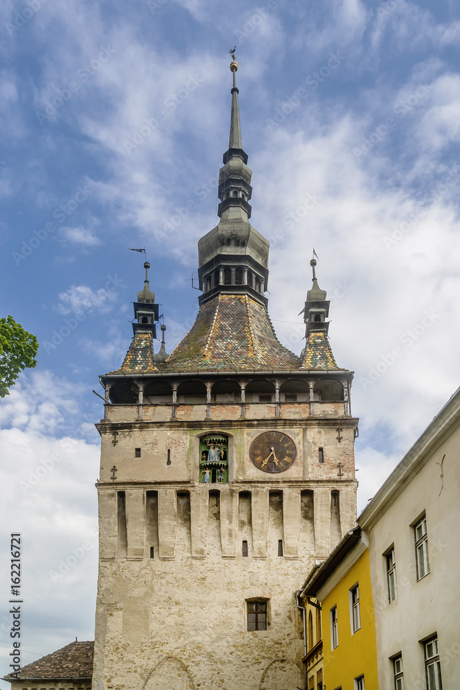 Vertical view of the famous Clock Tower Of The Citadel In Sighisoara, Romania