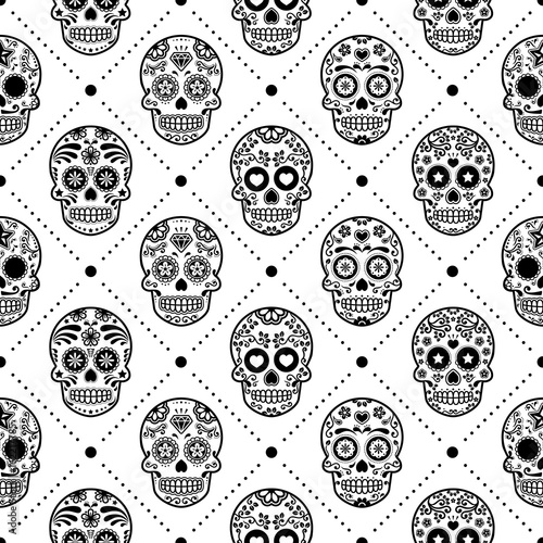 Halloween seamless pattern, Mexican sugar skull vector design, Dia de los Muertos, Calavera background