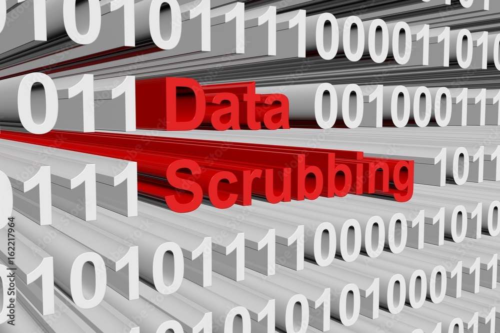 Data scrubbing in the form of binary code, 3D illustration