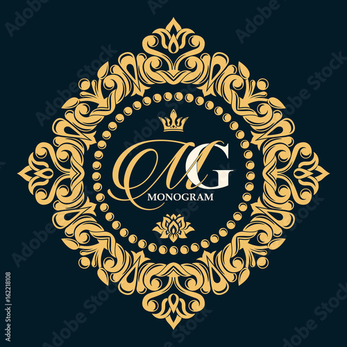 Gold decorative floral frame and monogram initials. Vector heraldic logo templates. An elegant business sign for a hotel, restaurant, cafe, jewelry, invitations, booklets and brochures.
