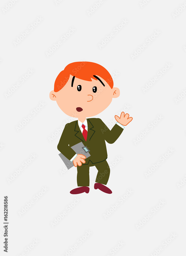 White businessman. Vector illustration isolated in a funny cartoon style. The character is surprised by something at his side; Has a document in his hand. White businessman. Vector illustration isolated in a funny cartoon style. The character is surprised by something at his side; Has a document in his hand.