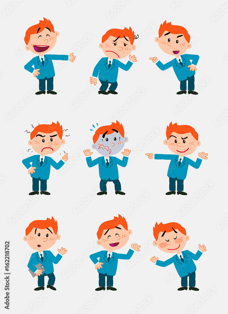 Businessman character. Set with 9 variations for design work and animation.The character is angry, sad, happy, doubting…  Vector illustration to isolated and funny cartoons characters.