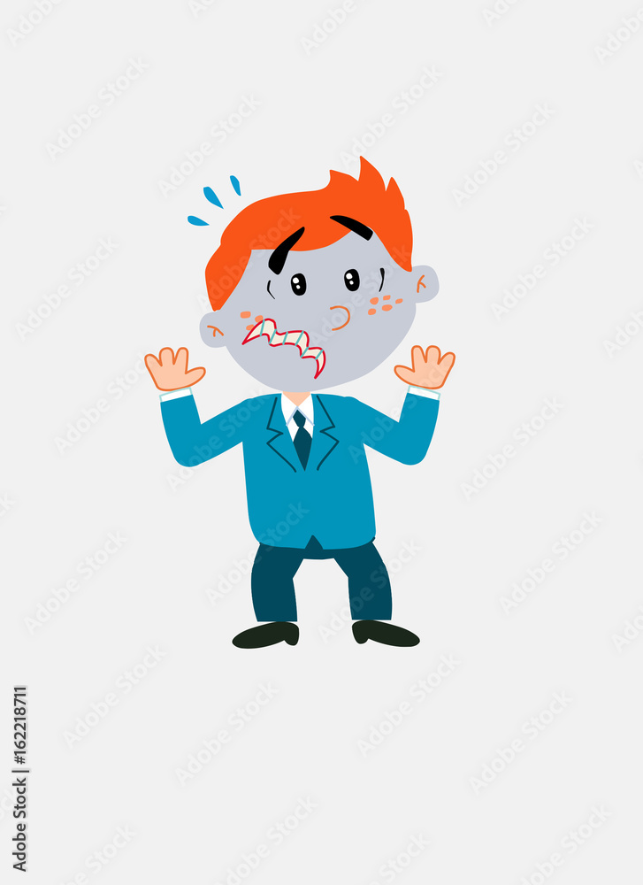 White businessman. Vector illustration isolated in a funny cartoon style. The character is terrified at something.