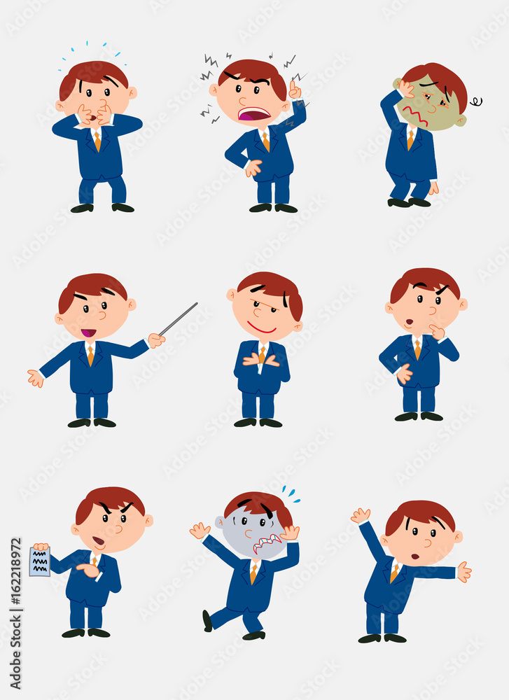Businessman character. Set with 9 variations for design work and animation.The character is angry, sad, happy, doubting…  Vector illustration to isolated and funny cartoons characters.