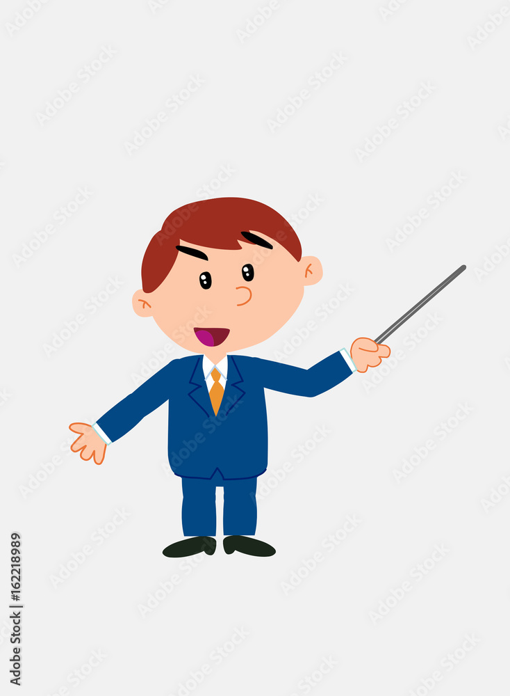 White businessman. Vector illustration isolated in a funny cartoon style. The character points with a pointer something to his side in a positive attitude. White businessman. Vector illustration isolated in a funny cartoon style. The character points with a pointer something to his side in a positive attitude.