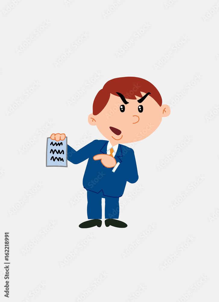 White businessman. Vector illustration isolated in a funny cartoon style. The character is angry, showing a document. White businessman. Vector illustration isolated in a funny cartoon style. The character is angry, showing a document.