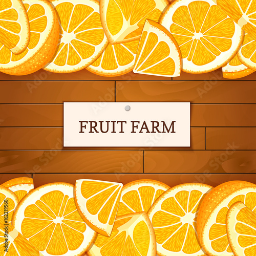 Wooden box with tropical orange fruits. Vector card illustration. Boards wood background, border with oranges fruit and label. For the design of packaging, food marmalade, jam, juice, detox diet.